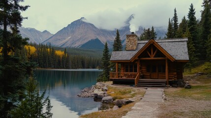 Fototapeta premium Serene Wooden Cabin by Reflective Lake Surrounded by Majestic Mountains and Pine Trees