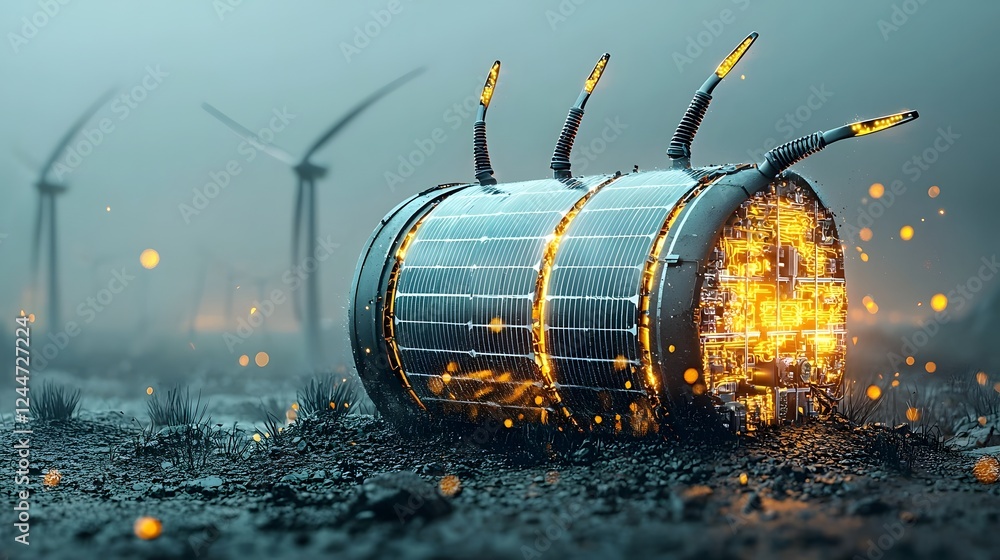 Aufkleber glowing renewable energy battery icon made from solar panels and wind turbines symbolizing sustainab