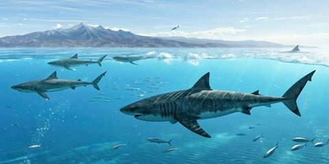 Fototapeta premium School of megalodons swimming together in the open ocean, oceanic migrations, predator groups, ocean predators, marine wildlife