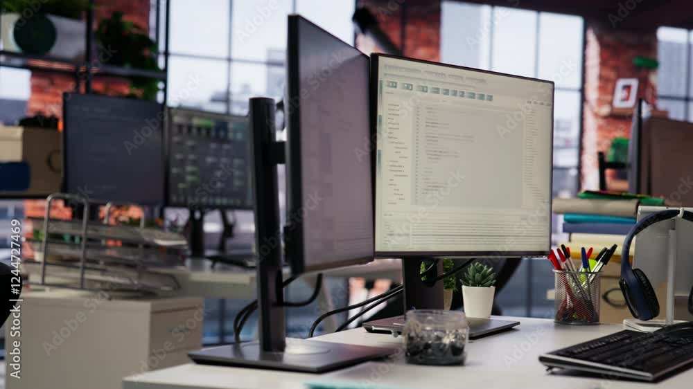 Poster advanced ai algorithms running on computer monitors in empty startup workspace deploying machine lea