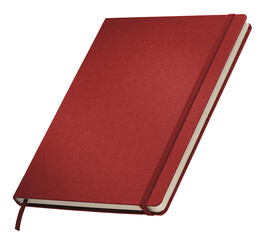 Red hardcover notebook with elastic band and ribbon bookmark isolated on transparent background.