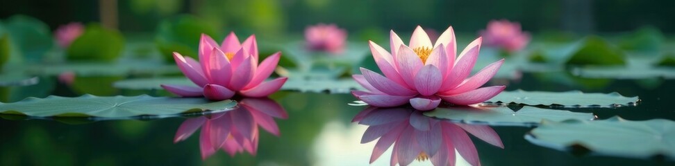 Serene lake surface reflects partially bloomed lotus flower, , reflection