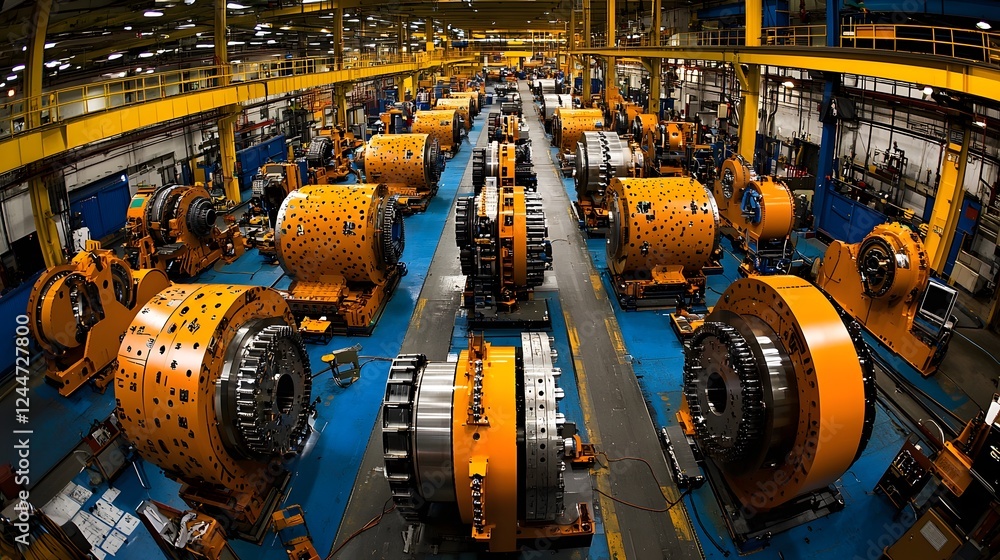 Poster highly automated industrial factory with robotic assembly line producing large scale mechanical part