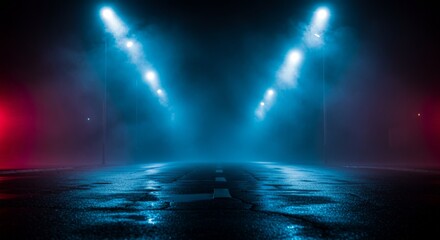 Obraz premium Dark street, wet asphalt, reflections of rays in the water. Abstract dark blue background, smoke, smog. Empty dark scene, neon light, spotlights. Concrete floor