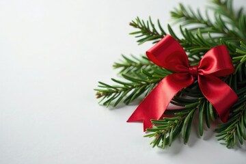 Shiny red ribbon wrapped around a festive holly sprig, festive, ribbon, red