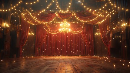 Opulent red curtains unveiling golden stage glow