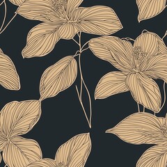 Elegant seamless floral pattern. Wavy vector abstract background. Stylish modern monochrome linear texture.