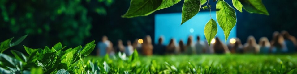 Outdoor movie night under the stars. Lush green foliage frames the scene, adding a touch of magic.