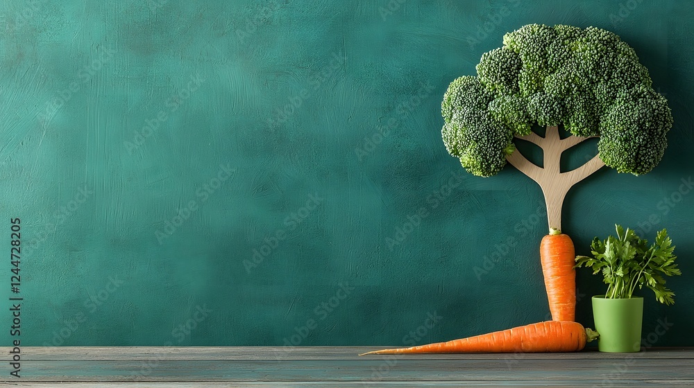 Poster innovative and hybrid design featuring a broccoli tree with a carrot trunk conceptual vegetable fusi