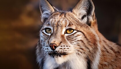 Fototapeta premium Striking Closeup of Eurasian Lynx in Wintery Forest, Showcasing SnowCovered Fur and Intense Green Eyes, Capturing Wild Beauty and Majesty at Sunset.