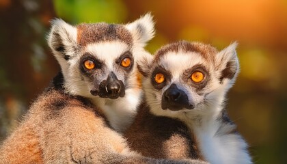 Fototapeta premium Laughter Echoes in Summer Captivating CloseUp of Two Playful RingTailed Lemurs amidst the Vibrant Madagascar Landscape at Golden Hour