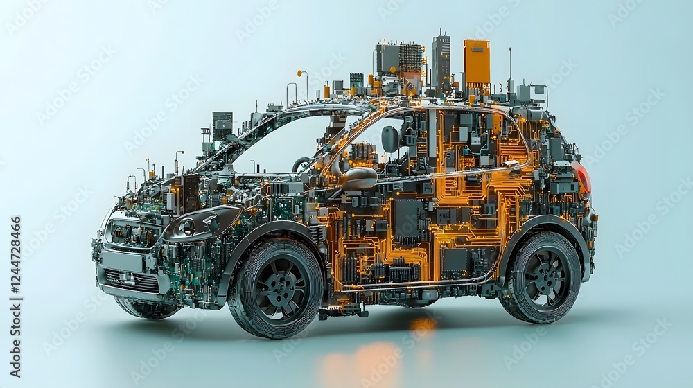 Poster innovative electric vehicle design made from a digital circuit board representing the of cutting edg