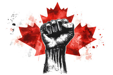 Strong raised fist with Canadian flag in a bold patriotic illustration
