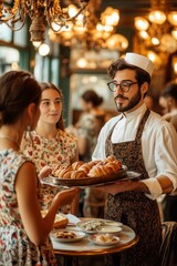 A young waiter presents freshly baked croissants to two young women in a charming cafe.