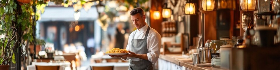 Waiter carrying a plate of pasta in a restaurant.