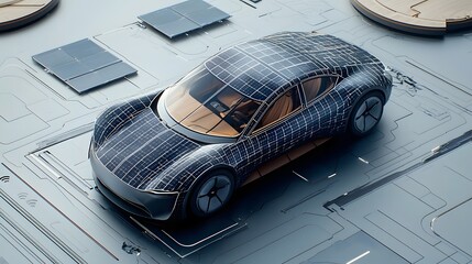 Innovative solar powered electric car with a sleek reflective design that integrates advanced solar panel technology showcasing a sustainable and eco friendly approach to future transportation