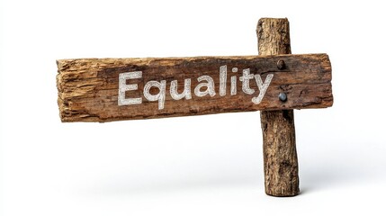 Rustic Weathered Wooden Equality Sign on White Background