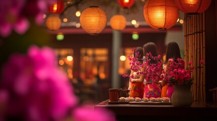 Three women in vibrant dresses gather at an outdoor event, illuminated by warm lanterns.