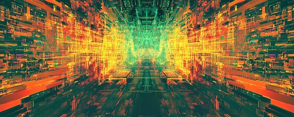 Abstract circuit cyberspace design created with generative AI technology, representing digital systems and virtual connections