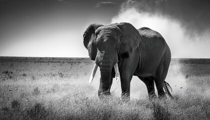 Fototapeta premium Striking Monochrome Portrait of a Majestic Elephant, Showcasing Dramatic Textures and Powerful Gesture in a Timeless, Emotive Scene