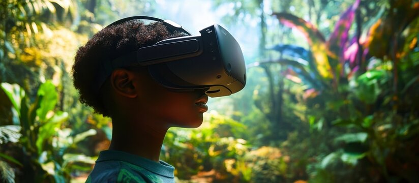 Immersed Young African American Boy Wearing VR Headset in Lush Colorful Forest, Experiencing Virtual Reality