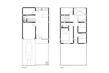 2 dimension of two floor house plan of minimal layout design, lines black on white background. Set 2