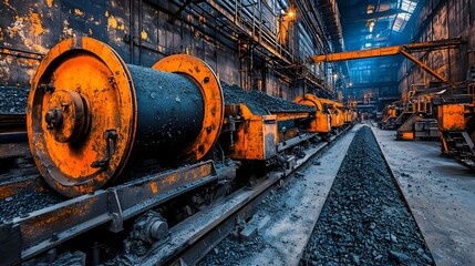 Massive industrial conveyor system transporting raw materials through an abandoned and decaying factory