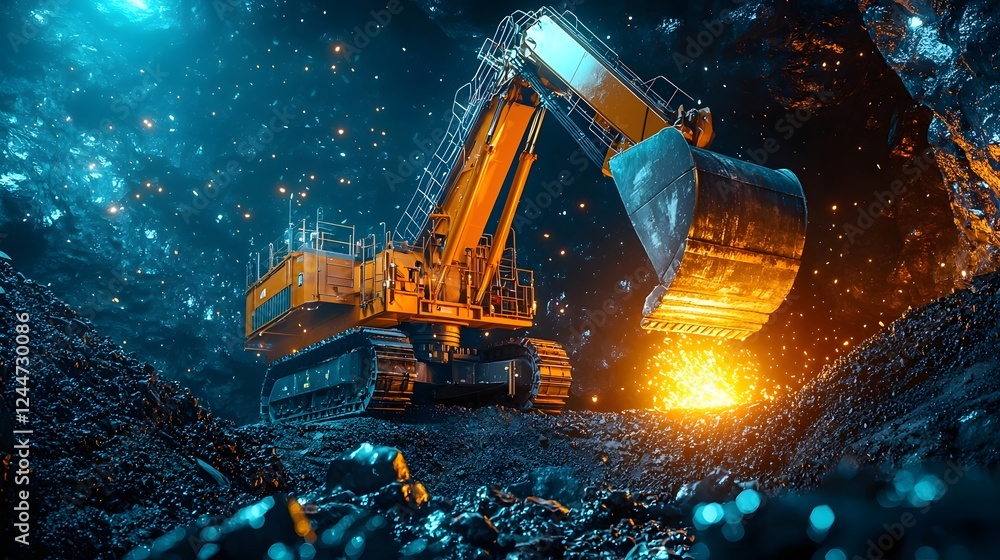 Poster Massive mining tunnel with a colossal drilling machine in minerals and resources from the earth s depths  The powerful machine navigates through the dark underground environment