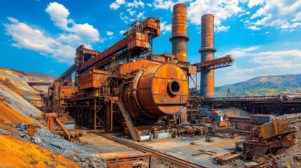 Fototapeta premium Massive industrial steel production facility with towering chimneys in the background