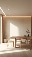 Elegant Minimalist Dining Room with Natural Light and Wooden Furniture