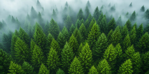 Fototapeta premium Misty landscape with fir forest in vintage retro style