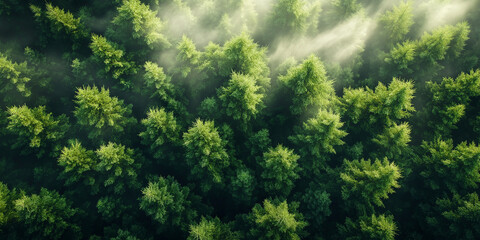 Fototapeta premium Misty landscape with fir forest in vintage retro style