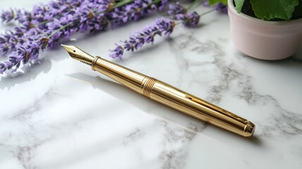 Gold fountain pen rests on a marble surface beside a sprig of lavender