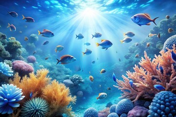 Soft focus blue gradient wallpaper with scattered fish and coral, aquatic environments, oceanic hues, coral reefs, underwater scenes