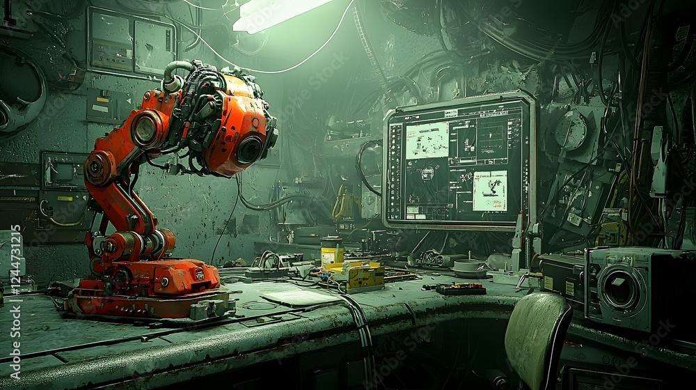 Poster Mechanical arm meticulously assembling a highly classified and technologically advanced robotic soldier in a dimly lit high security laboratory setting
