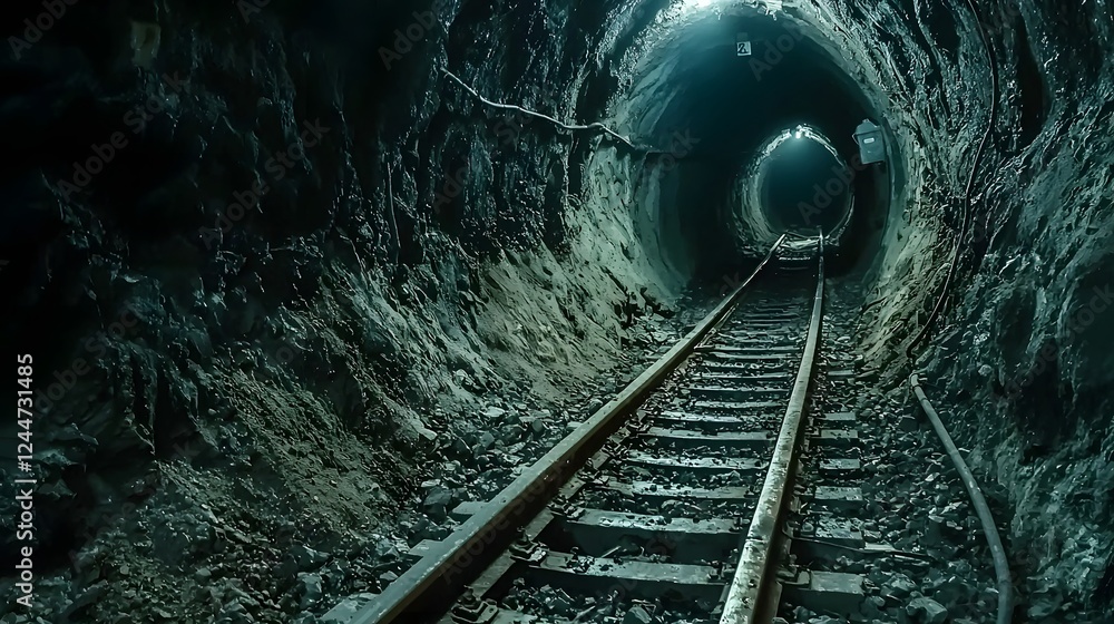 Poster mysterious underground tunnel with glowing tracks leading deep into a hidden high tech research faci