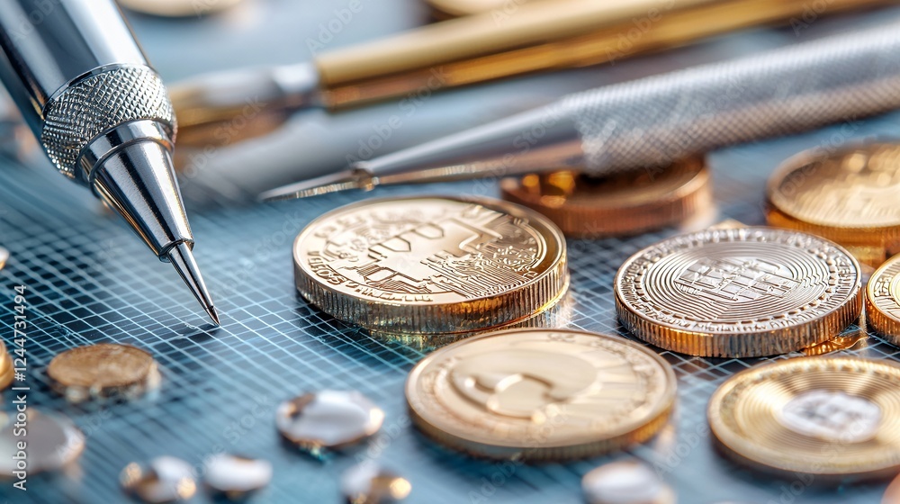 Poster closeup of gold coins and precision instruments on a digital background