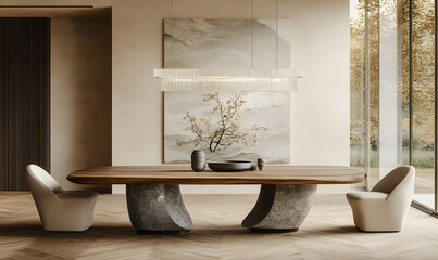 Elegant Modern Dining Room with Artistic Elements and Nature-Inspired Decor