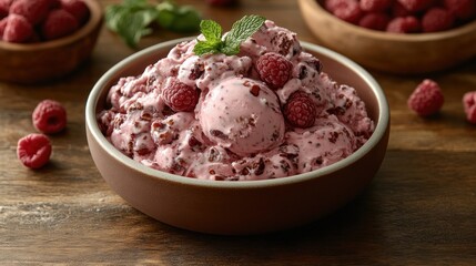 Raspberry dessert, wooden table, mint garnish, recipe