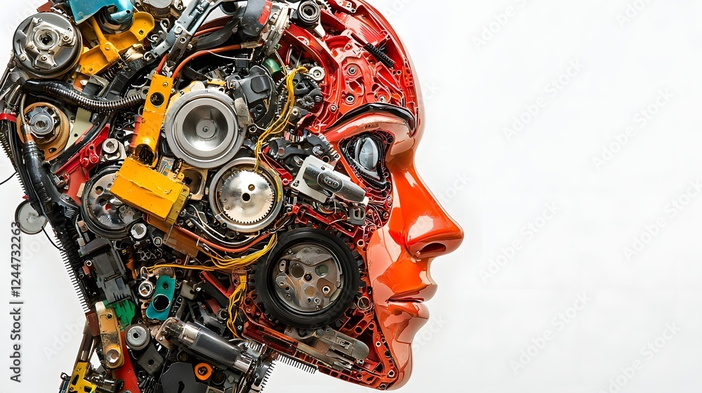 Leinwandbilder rendering of a mechanical human head constructed from various automotive parts gears and electric ve