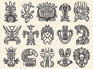 Symbols of Mexican tribes and Aztec animals, alongside Maya graphic objects, depict native ethnicities and modern Aztec civilization through various drawings.