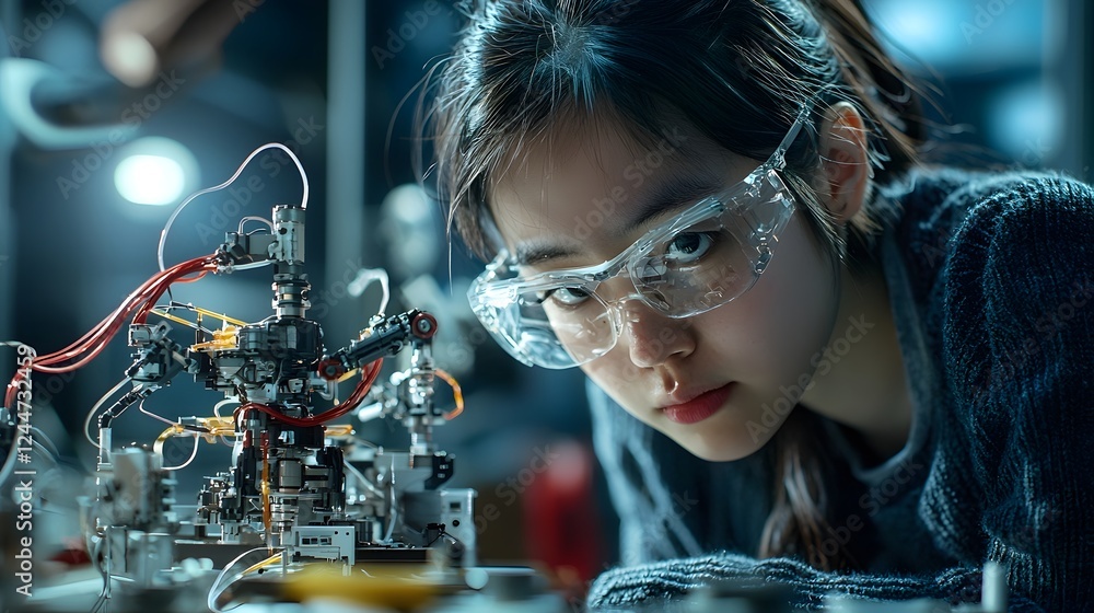 Poster Robotic assistant collaborating with engineers to build a futuristic zero gravity space structure showcasing advancements in aerospace technology and innovation