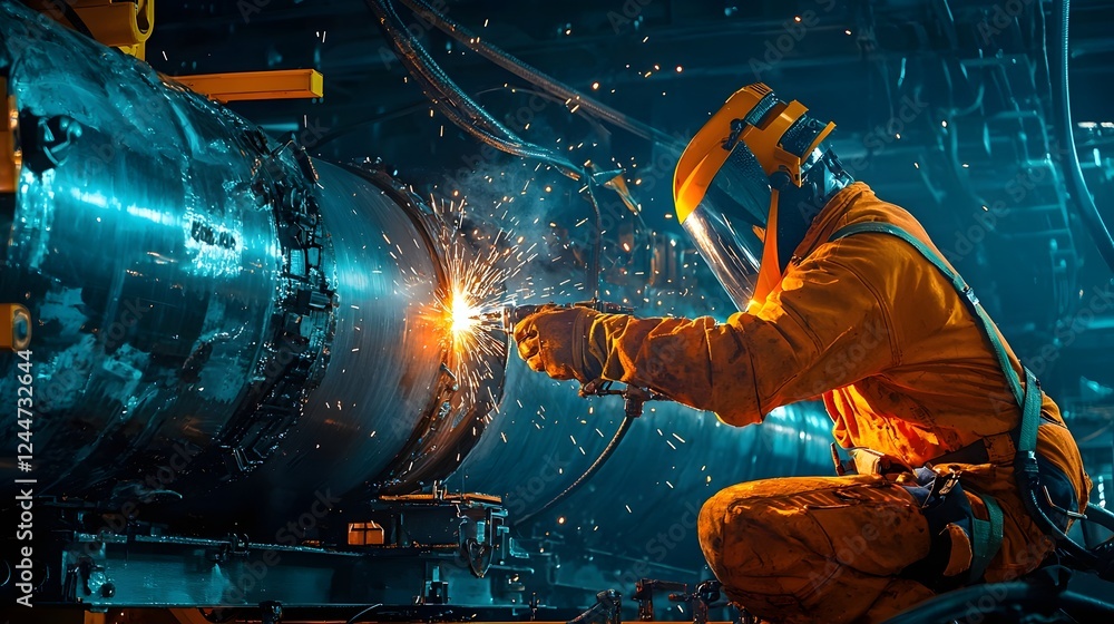 Poster Robotic welding machine constructing large industrial metal pipeline in a manufacturing workshop with sparks and fire  Automated industrial fabrication and construction process