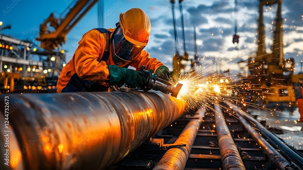 Poster Robotic welding station constructing a large industrial pipeline with sparks and a worker wearing a protective mask and uniform