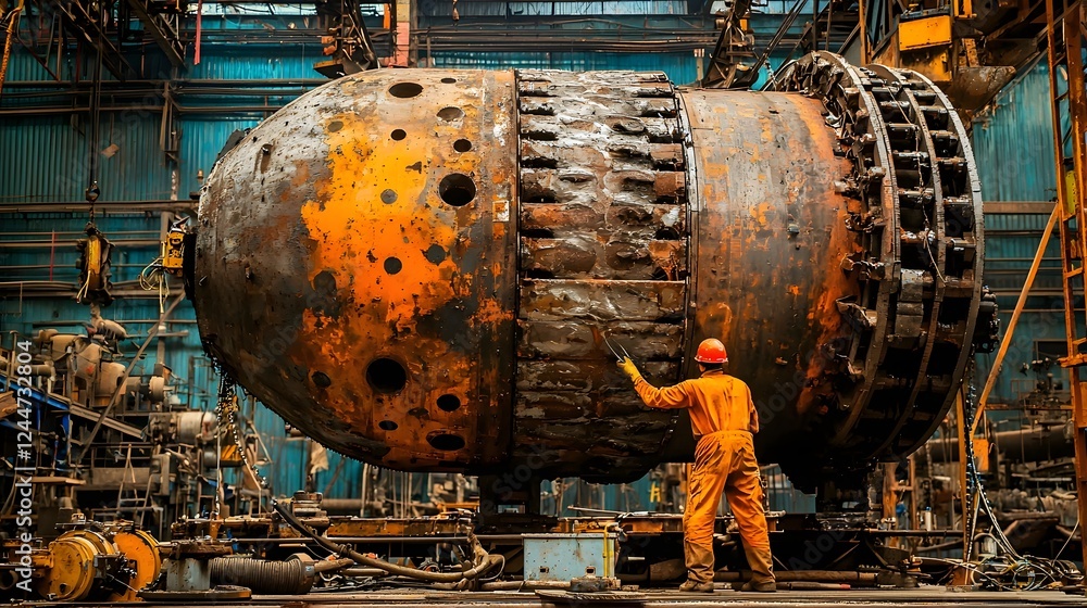 Poster Skilled Operator Carving Massive Metal Cylinder Using Powerful Industrial Lathe Machine in Busy Manufacturing Workshop