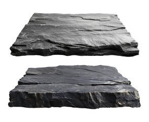 Slate rocks are dark gray in color with a rough surface structure. Isolated on transparent background
