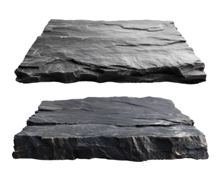 Slate rocks are dark gray in color with a rough surface structure. Isolated on transparent background