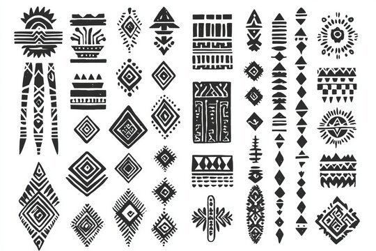 Produce an Aztec tribal border with a doodle hand-drawn look, utilizing geometric shapes on a white background. Emphasize with a boho Scandinavian stroke and traditional native decor.