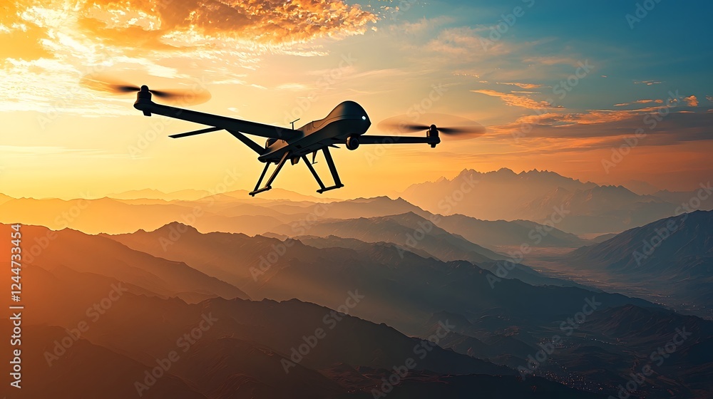 Poster stealth drone with unknown technology hovering silently above a restricted mountain landscape at sun