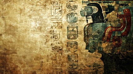 A well-aged Maya scroll featuring Aztec mythology's symbols and pictograms, showcasing an illustration of an ancestral god or shaman for a prophecy. The scroll's background is weathered paper with